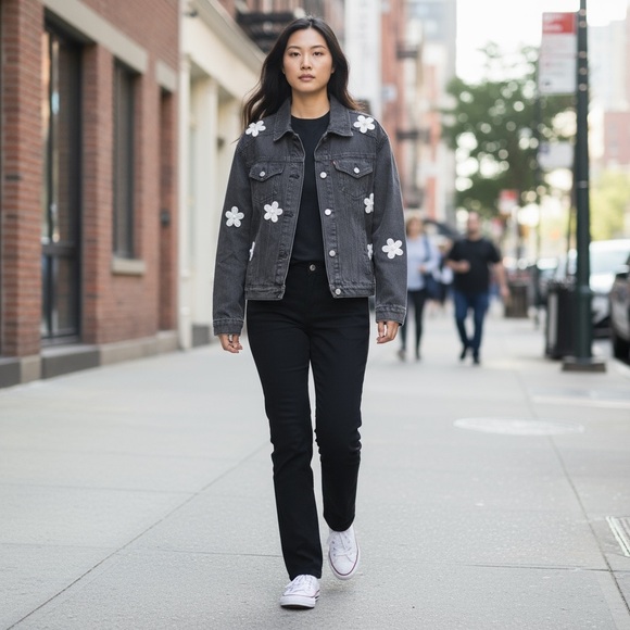 Black Denim Jacket with White Daisy and bead Accents, by Blue Velvet size medium - Picture 4 of 13